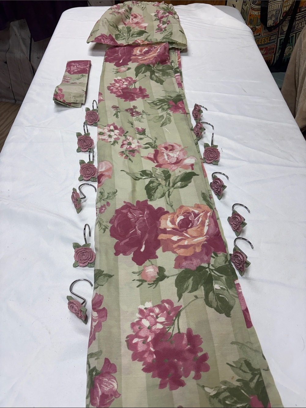 Floral Rose Shower Curtain Panel Set in Pink and Green with rose shower hooks